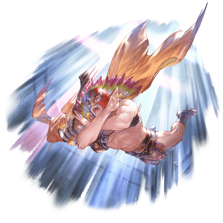 1boy abs bare_legs black_footwear boots cape championship_belt falling feathers full_body gran_(granblue_fantasy) granblue_fantasy luchador_mask male_focus mask muscular muscular_male navel official_alternate_costume official_art open_mouth solo teeth tongue transparent_background wrestler_(granblue_fantasy) x_arms