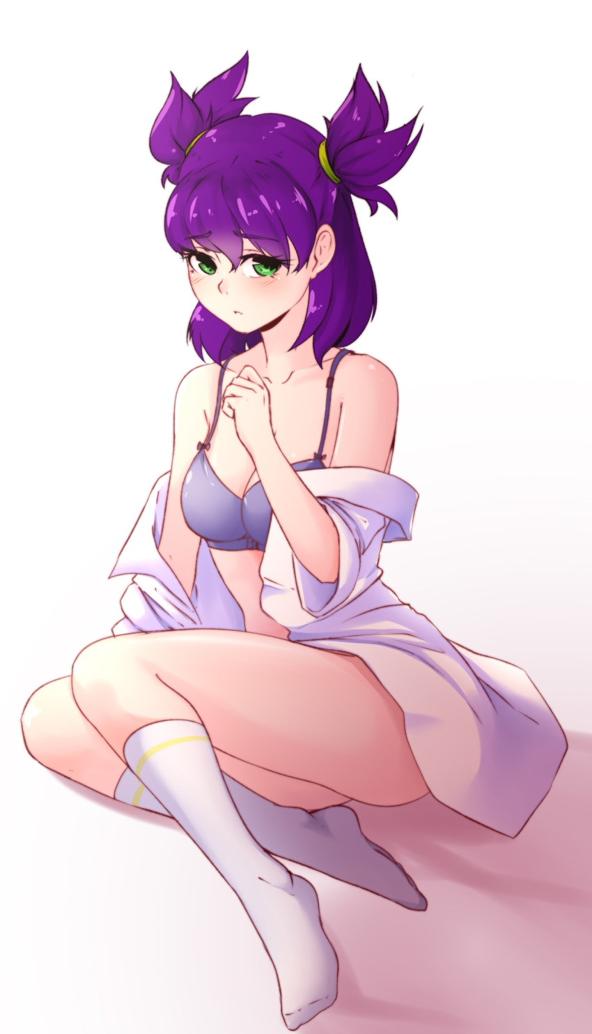 1girl bangs bare_shoulders blue_bra blush bra breasts cleavage collarbone deredereday everlasting_summer eyebrows_visible_through_hair green_eyes hair_between_eyes hair_ornament highres legs looking_at_viewer medium_hair off_shoulder parted_lips purple_hair shirt simple_background sitting socks solo twintails underwear unyl-chan white_background white_legwear white_shirt