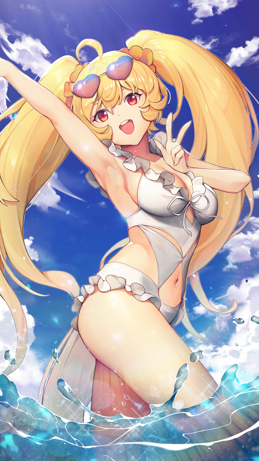 1girl :d ahoge arm_up armpits blonde_hair blue_sky breasts casual_one-piece_swimsuit character_request cleavage clothing_cutout cloud copyright_request day frilled_swimsuit frills heart heart-shaped_eyewear highres large_breasts long_hair looking_at_viewer navel navel_cutout one-piece_swimsuit open_mouth outdoors pink-tinted_eyewear red_eyes round_teeth sky smile solo sunglasses sunlight swimsuit teeth thighs tinted_eyewear upper_teeth v very_long_hair wading water white_swimsuit y.i._(lave2217)
