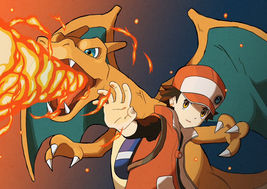 1boy absurdres backpack bag baseball_cap blue_bag breathing_fire brown_eyes brown_hair buttons charizard claws coat commentary_request fangs fire gen_1_pokemon hat highres huge_filesize jira_(ziraiya26) male_focus open_clothes open_coat outstretched_arm pokemon pokemon_(creature) pokemon_(game) pokemon_masters_ex red_(pokemon) shirt sleeveless_coat upper_body upper_teeth