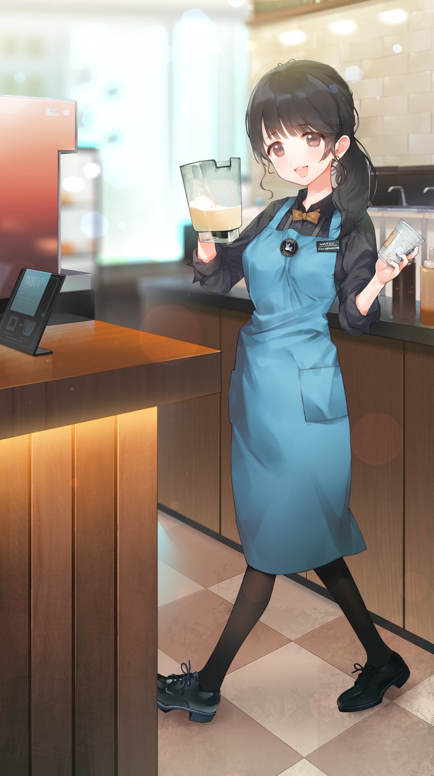 1girl absurdres aihara_shouta apron black_footwear black_hair blue_apron bow bowtie brown_eyes cafe collared_shirt counter cup drinking_glass earrings eyebrows_visible_through_hair full_body highres indoors jewelry long_hair long_sleeves looking_at_viewer menu_board non-web_source open_mouth original pantyhose shirt shoes side_ponytail sleeves_rolled_up smile solo stud_earrings tag waitress window