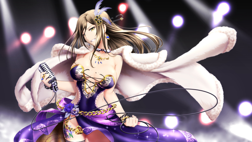 1girl bare_shoulders breasts brown_hair chikuwabu_(yokowokazuaki) claw_ring cleavage coat coat_on_shoulders collarbone commentary_request dress earrings feather_hair_ornament feathers flower grin hair_flower hair_ornament heart heart_earrings highres holding holding_microphone idol idolmaster idolmaster_cinderella_girls idolmaster_cinderella_girls_starlight_stage jewelry large_breasts leg_tattoo long_hair microphone mukai_takumi purple_dress purple_flower purple_skirt skirt smile stage_lights strapless strapless_dress tattoo thighs torn_straps wire yellow_eyes
