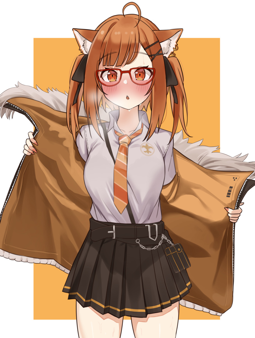 1girl absurdres ahoge animal_ears bangs black_skirt blush breasts brown_eyes brown_hair collarbone collared_shirt eyebrows_visible_through_hair glasses highres large_breasts long_hair looking_at_viewer medium_hair necktie nijisanji orange_neckwear parted_lips pleated_skirt ratna_petit red-framed_eyewear shirt short_sleeves short_twintails skirt solo sweat swept_bangs twintails tyoko_tanuki16 undressing wet wet_clothes white_shirt