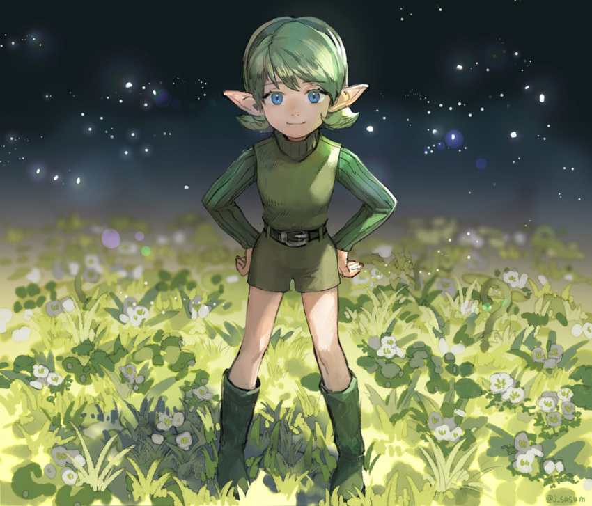 1girl belt blue_eyes closed_mouth dress flower green_hair green_hairband hairband hand_on_hip kokiri looking_at_viewer pointy_ears saria_(the_legend_of_zelda) sasumata_jirou short_hair shorts smile solo the_legend_of_zelda the_legend_of_zelda:_ocarina_of_time