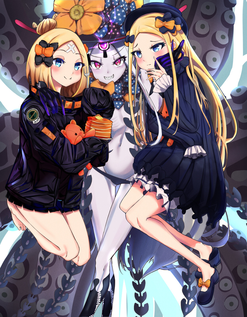 3girls abigail_williams_(fate) absurdres bandaid bandaid_on_forehead bangs bare_shoulders black_bow black_dress black_headwear black_jacket black_panties blonde_hair blue_eyes blush bow breasts colored_skin crazy_agong crossed_bandaids dress fate/grand_order fate_(series) food forehead fork glowing glowing_eye grin hair_bow hair_bun hat heroic_spirit_traveling_outfit high_collar highres huge_filesize jacket keyhole long_hair long_sleeves looking_at_viewer multiple_bows multiple_girls multiple_persona navel orange_belt orange_bow pancake panties parted_bangs polka_dot polka_dot_bow red_eyes ribbed_dress sharp_teeth sleeves_past_fingers sleeves_past_wrists small_breasts smile stuffed_animal stuffed_toy teddy_bear teeth tentacles thighs third_eye underwear white_bloomers white_hair white_skin witch_hat