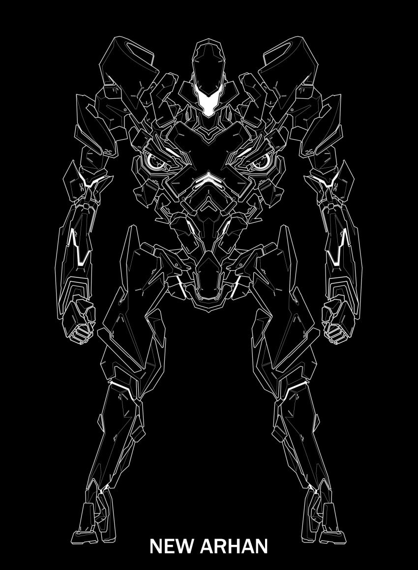 absurdres black_background character_name clenched_hands highres lineart mecha monochrome negative new_arhan no_humans rakuen_tsuihou science_fiction simple_background solo standing visor yuu_(yuu2525design)