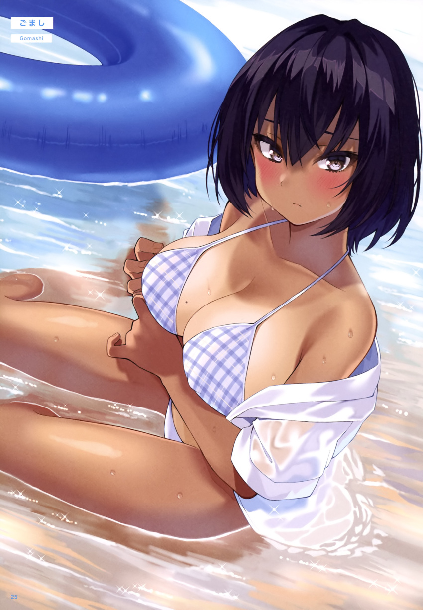 bikini breast_hold erect_nipples gomashi open_shirt swimsuits tan_lines wet wet_clothes