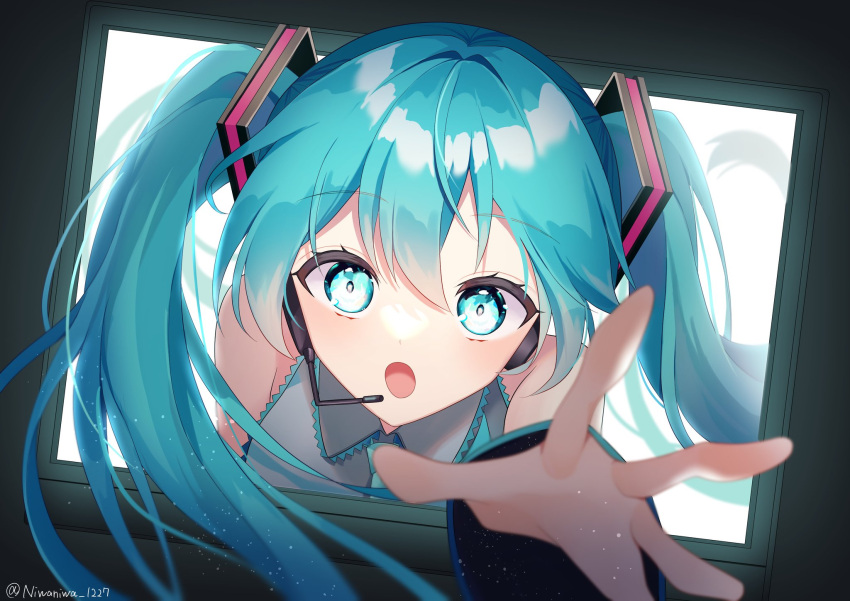 1girl :o aqua_eyes aqua_hair aqua_neckwear bare_shoulders black_sleeves commentary detached_sleeves foreshortening grey_shirt hair_ornament hatsune_miku headphones headset highres long_hair looking_at_viewer monitor necktie niwaniwa_1227 open_mouth outstretched_arm reaching_out shirt sleeveless sleeveless_shirt solo through_screen twintails very_long_hair vocaloid