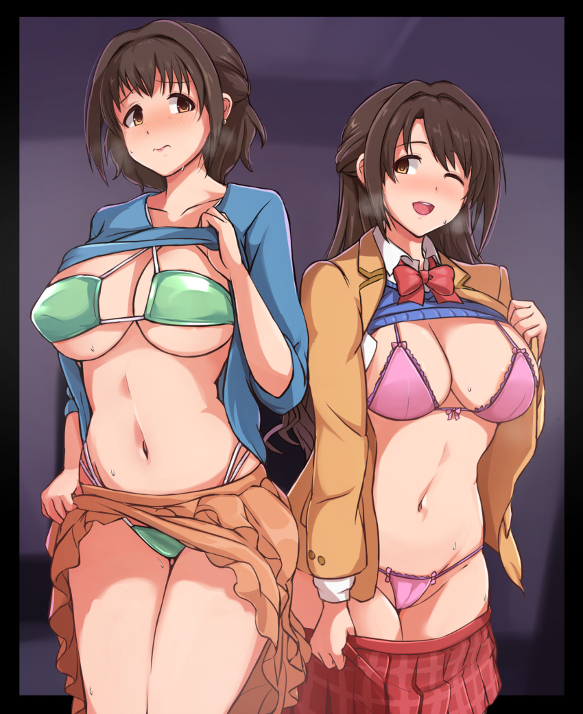 2girls ;d areola_slip areolae bangs bare_legs bikini bikini_under_clothes black_border blazer blue_sweater blue_vest blurry blurry_background blush border bow bowtie bra breasts breath brown_eyes brown_hair cleavage closed_mouth clothes_lift clothes_pull collarbone collared_shirt cowboy_shot criss-cross_halter earrings embarrassed eyepatch_bikini frilled_skirt frills green_bikini groin half_updo halterneck heavy_breathing highleg highleg_bikini highres idolmaster idolmaster_cinderella_girls indoors jacket jewelry large_breasts lifted_by_self long_hair long_skirt long_sleeves looking_at_another lowleg lowleg_panties micro_panties miniskirt multiple_girls navel one_eye_closed open_clothes open_jacket open_mouth orange_jacket orange_skirt panties parent_and_child pink_bra pink_panties pleated_skirt pulled_by_self red_neckwear red_skirt school_uniform shadow shimamura_uzuki shimamura_uzuki's_mother shirt short_hair sidelocks skirt skirt_lift skirt_pull smile standing stomach sweat sweater sweater_lift swept_bangs swimsuit thighs thong twogie underwear undressing upper_teeth vest vest_lift wing_collar