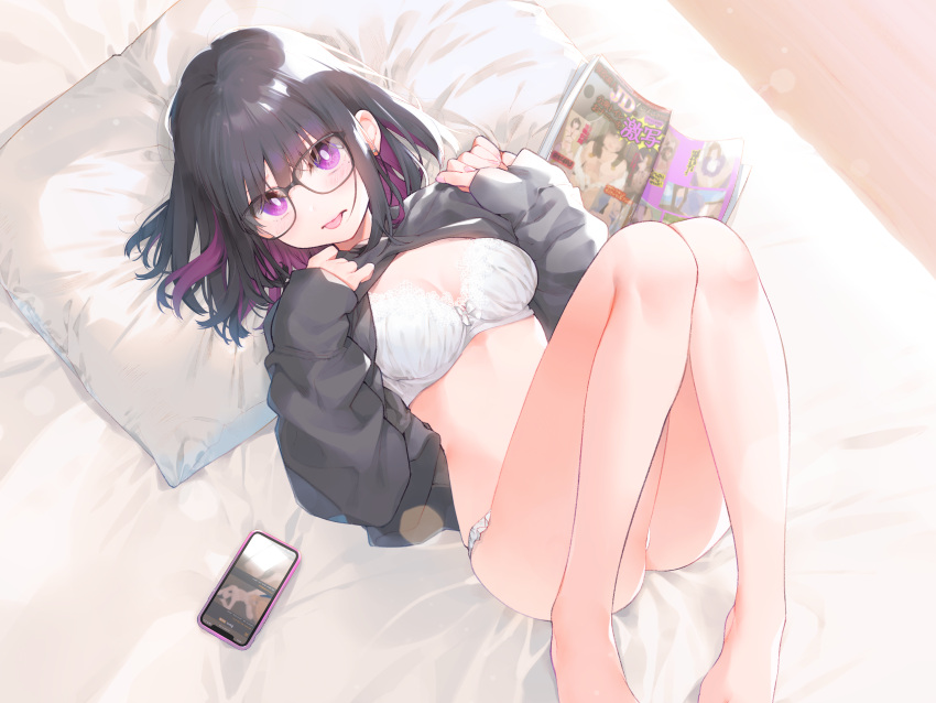 1girl :p absurdres aihara_shouta bangs bare_legs barefoot black-framed_eyewear black_hair blush bra breasts bright_pupils cellphone clothes_lift colored_inner_hair earrings eyebrows_visible_through_hair feet_out_of_frame glasses highres jewelry knees_together_feet_apart long_sleeves looking_at_viewer lying magazine medium_breasts mole mole_under_eye multicolored_hair nail_polish non-web_source on_back on_bed original panties phone pillow pink_eyes pink_hair purple_eyes purple_hair short_hair sleeves_past_wrists smartphone solo stud_earrings sweater sweater_lift tongue tongue_out two-tone_hair underwear white_bra white_panties white_pupils