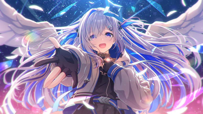 1girl :d amane_kanata angel_wings bangs black_dress black_gloves blue_eyes blue_hair chihiro_ayaka colored_inner_hair commentary_request dress eyebrows_visible_through_hair eyes_visible_through_hair glass_shards gloves hair_ornament hairclip halo highres hololive hood hood_down hooded_jacket jacket light_particles long_hair long_sleeves looking_at_viewer multicolored_hair open_mouth outstretched_arm partially_fingerless_gloves pink_hair puffy_long_sleeves puffy_sleeves reaching_out silver_hair smile solo star_halo streaked_hair two_side_up upper_body very_long_hair virtual_youtuber white_jacket white_wings wings