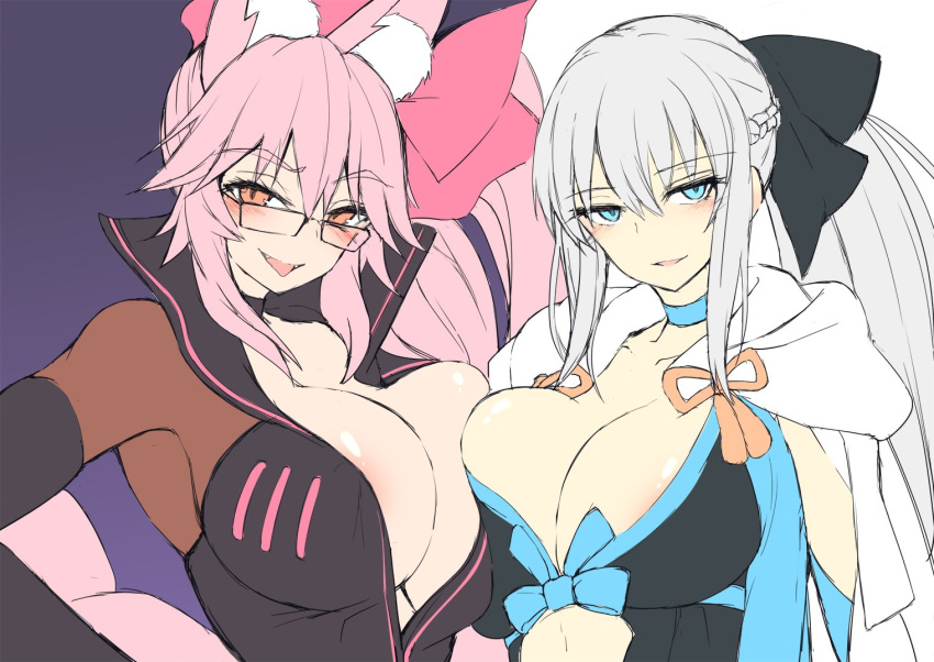 2girls animal_ear_fluff animal_ears areola_slip areolae asymmetrical_docking black_bow black_choker black_gloves blue_eyes blush bodysuit bow breast_press breasts brown_eyes choker cleavage collarbone elbow_gloves eyebrows_visible_through_hair fangs fate/grand_order fate_(series) flat_color fox_ears fox_girl glasses gloves hair_bow half-closed_eyes koyanskaya_(fate) large_breasts long_hair looking_at_viewer morgan_le_fay_(fate) multiple_girls naughty_face parted_lips pink_bow pink_hair rectangular_eyewear seductive_smile sketch smile sukage tamamo_(fate) tongue tongue_out white_hair