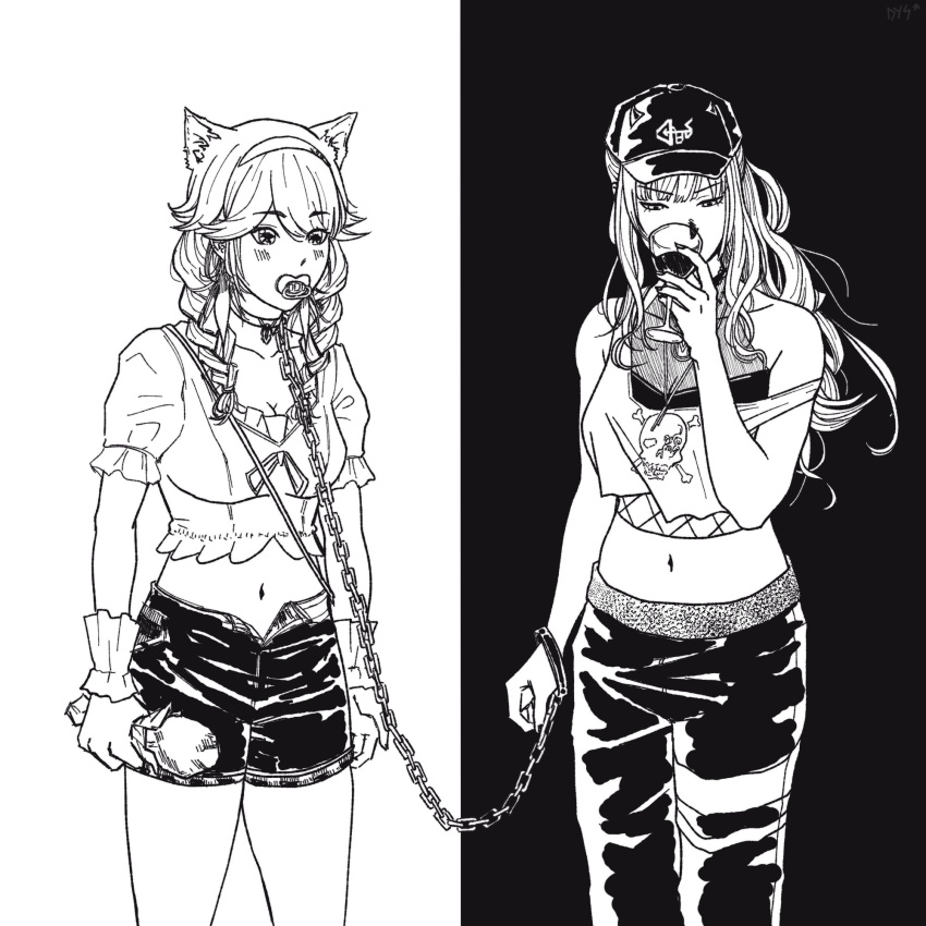 2girls album_cover_redraw animal_ears bare_arms baseball_cap blush braid breasts cat_ears chain choker cleavage collarbone commentary cowboy_shot crop_top cuffs cup death_grips derivative_work drink drinking_glass dyscomm english_commentary eyebrows_visible_through_hair greyscale hairband hand_up handcuffs hat highres holding holding_drink hololive hololive_english leash long_hair midriff monochrome mori_calliope multiple_girls navel pacifier pants ponytail short_sleeves shorts skull_and_crossbones strap_slip takanashi_kiara tank_top the_money_store twin_braids v-shaped_eyebrows wine_glass wrist_cuffs