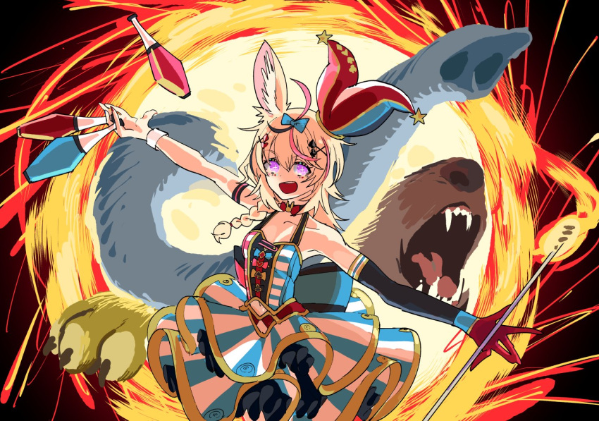 1girl animal_ear_fluff animal_ears bangs bare_shoulders bear blonde_hair blue_bow bow breasts collarbone commentary_request elbow_gloves elephant eyebrows_visible_through_hair fangs fox_ears fox_girl gloves hair_bow hat hololive hololive_alternative jester_cap juggling_club leaning_back magic mochizuki_maya omaru_polka open_hands open_mouth portal_(object) purple_eyes red_gloves single_elbow_glove single_glove skirt small_breasts solo sparkling_eyes stick striped striped_skirt tilted_headwear virtual_youtuber
