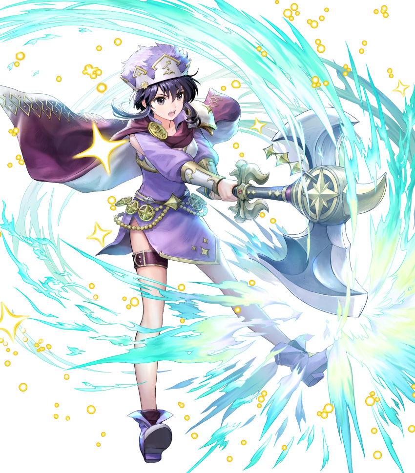 1girl ankle_boots armor asatani_tomoyo axe battle_axe belt black_hair boots cape dress fire_emblem fire_emblem:_genealogy_of_the_holy_war fire_emblem_heroes full_body hat highres holding holding_weapon larcei_(fire_emblem) long_sleeves looking_away official_art open_mouth purple_dress purple_eyes shiny shiny_hair short_dress short_hair short_sleeves shoulder_armor sidelocks solo sparkle thigh_strap transparent_background weapon
