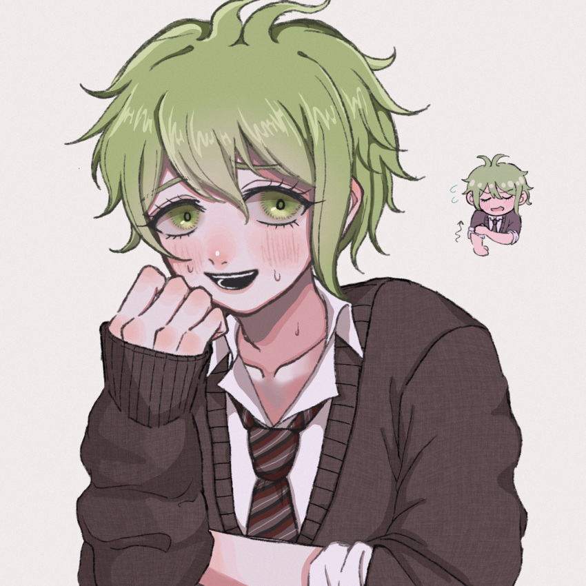 1boy amami_rantarou bangs blush brown_neckwear cfbs1vykihkwxbw clenched_hand closed_eyes collarbone danganronpa_(series) danganronpa_v3:_killing_harmony diagonal-striped_neckwear diagonal_stripes green_eyes green_hair highres long_sleeves looking_at_viewer messy_hair multiple_views necktie open_mouth shiny shiny_hair short_hair sleeves_past_wrists sleeves_pushed_up striped striped_neckwear sweatdrop teeth