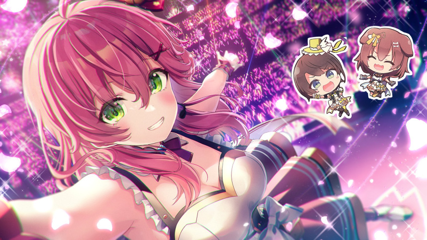 3girls :3 :d ^_^ ahoge animal_ears bangs blush bone_hair_ornament bow breasts brown_hair chibi chihiro_ayaka cleavage closed_eyes commentary_request dog_ears dress eyebrows_visible_through_hair green_eyes grin hair_between_eyes hair_bow hair_ornament hat highres hololive hololive_idol_uniform inugami_korone light_stick long_hair looking_at_viewer medium_breasts microphone mini_hat multiple_girls oozora_subaru open_mouth outstretched_arm petals pink_hair red_skirt sakura_miko short_hair skirt smile tilted_headwear virtual_youtuber white_dress x_hair_ornament yellow_bow yellow_headwear