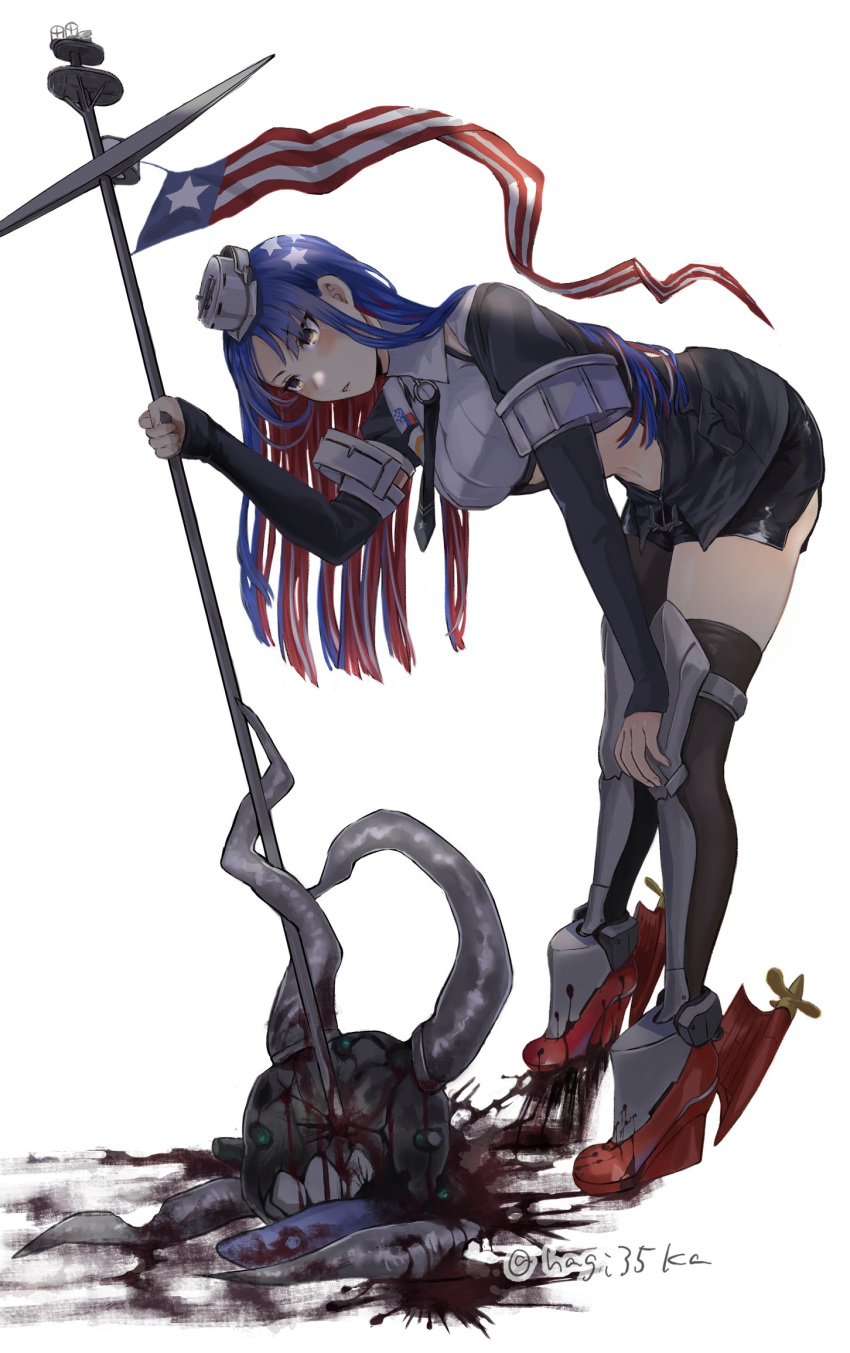 1girl abyssal_ship asymmetrical_legwear black_gloves black_jacket black_legwear black_neckwear black_skirt blue_hair breasts commentary_request crop_top dress_shirt elbow_gloves enemy_naval_mine_(kancolle) full_body gloves hagioshi headgear highres jacket kantai_collection large_breasts long_hair midriff miniskirt multicolored_hair necktie open_clothes open_jacket pencil_skirt pennant red_hair remodel_(kantai_collection) rudder_footwear shirt short_sleeves simple_background single_leg_pantyhose skirt sleeveless south_dakota_(kancolle) staff star_(symbol) tentacles thighhighs twitter_username uneven_legwear white_background white_hair white_shirt
