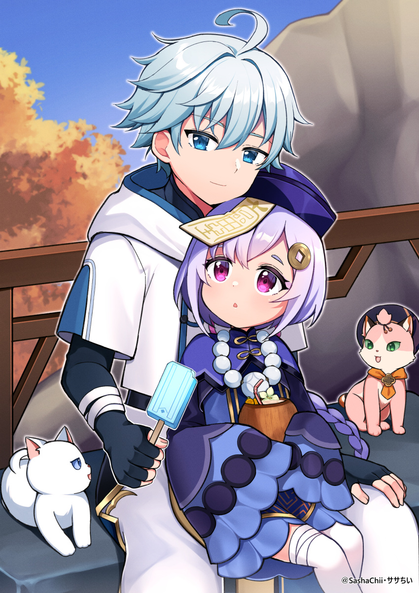 1boy 1girl absurdres animalization aqua_neckwear bangs bead_necklace beads bench blue_eyes braid cat chinese_clothes chongyun_(genshin_impact) coin_hair_ornament commentary diona_(genshin_impact) english_commentary eyebrows_visible_through_hair food genshin_impact hair_between_eyes hat highres holding holding_food jewelry jiangshi long_hair long_sleeves looking_at_another looking_at_viewer low_ponytail necklace ofuda park_bench popsicle purple_eyes purple_hair qing_guanmao qiqi_(genshin_impact) sasha_chii sidelocks single_braid sitting sitting_on_lap sitting_on_person thighhighs white_legwear zettai_ryouiki