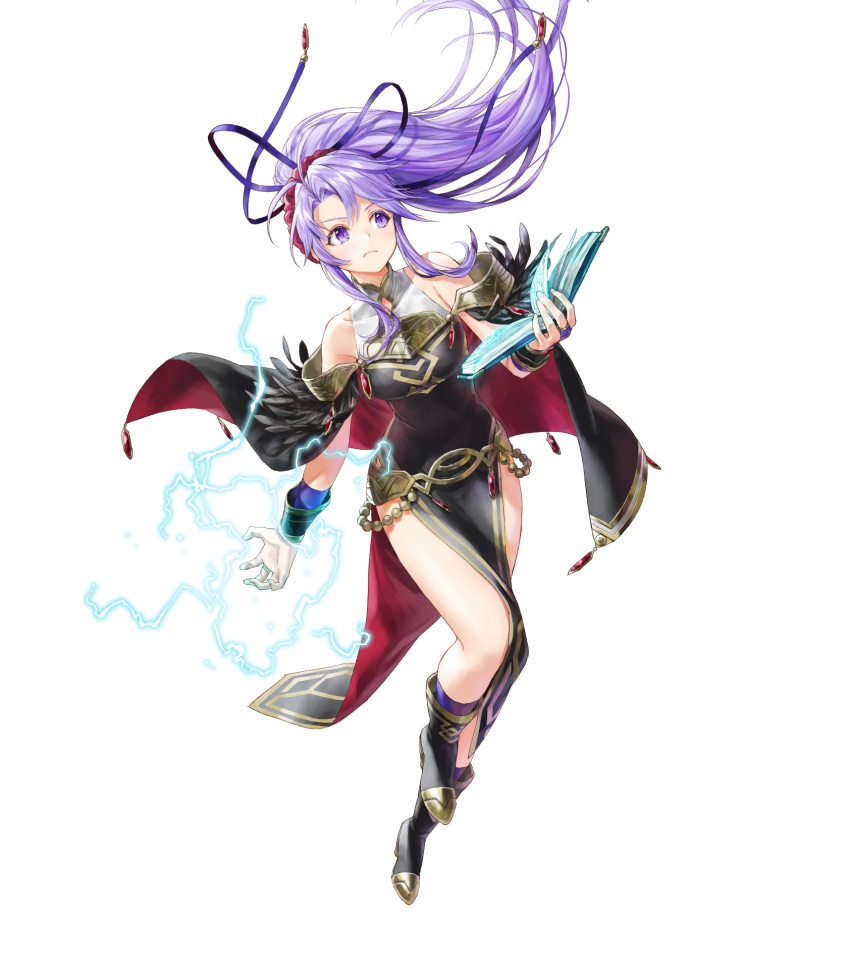 1girl ankle_boots belt book boots bridal_gauntlets cape closed_mouth dress earrings fire_emblem fire_emblem:_genealogy_of_the_holy_war fire_emblem_heroes full_body glowing hair_ornament high_heel_boots high_heels highres holding holding_book jewelry kaya8 long_hair official_art open_book ponytail purple_eyes purple_hair shiny shiny_hair sidelocks sleeveless sleeveless_dress solo tailtiu_(fire_emblem) thighs tied_hair transparent_background turtleneck