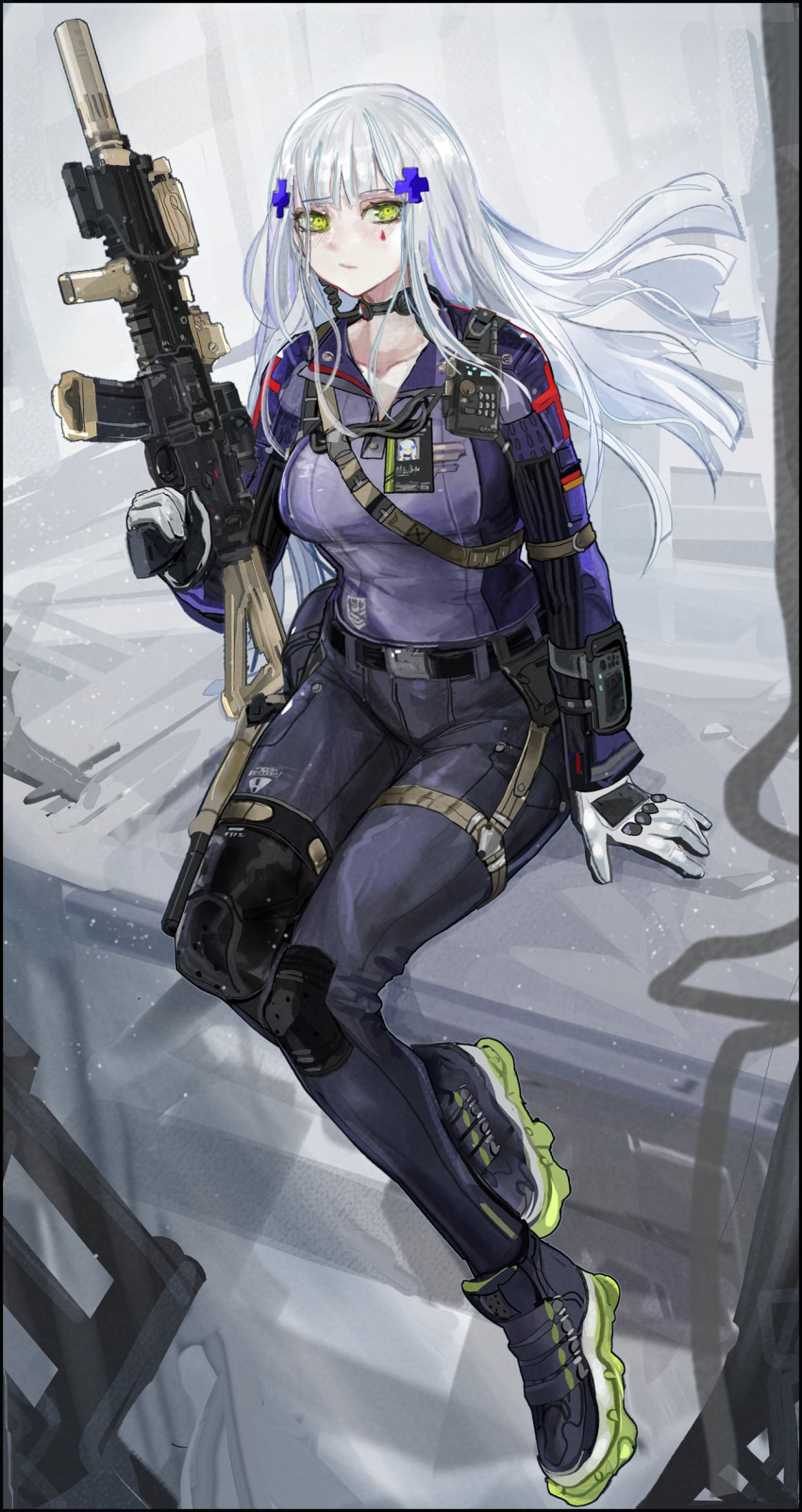 1girl absurdres assault_rifle belt breasts collarbone commentary earpiece facial_mark foregrip full_body german_flag girls'_frontline gloves green_eyes gun h&amp;k_hk416 hair_ornament handgun highres hk416_(girls'_frontline) holding holding_gun holding_weapon holstered_weapon id_card knee_pads long_hair long_sleeves medium_breasts nslacka pants rifle shoes sideways_glance silver_hair sitting sneakers solo suppressor throat_microphone trigger_discipline weapon white_gloves