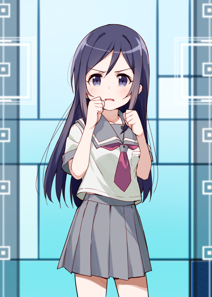 1girl aragaki_ayase bangs black_hair commentary_request eyebrows_visible_through_hair grey_sailor_collar grey_skirt hair_between_eyes hands_up highres long_hair meito_(maze) ore_no_imouto_ga_konna_ni_kawaii_wake_ga_nai parted_bangs parted_lips pleated_skirt purple_eyes red_neckwear sailor_collar school_uniform serafuku shirt short_sleeves skirt solo standing v-shaped_eyebrows very_long_hair wavy_mouth white_shirt