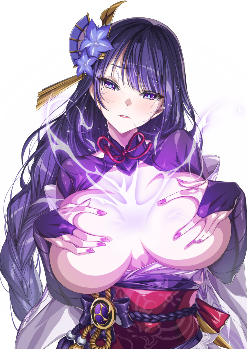 1girl bangs blue_flower blunt_bangs blush braid breasts breasts_apart breasts_outside bridal_gauntlets commentary covering covering_breasts electricity eyebrows_visible_through_hair fingernails flower genshin_impact hair_flower hair_ornament hands_up highres huge_breasts japanese_clothes kimono long_hair looking_at_viewer mitsudomoe_(shape) mole mole_under_eye nail_polish neck_ribbon obi obiage obijime parted_lips purple_eyes purple_hair purple_kimono purple_nails raiden_shogun rantia red_neckwear red_ribbon ribbon sash shiny shiny_hair simple_background solo tassel tomoe_(symbol) upper_body very_long_hair white_background wide_sleeves