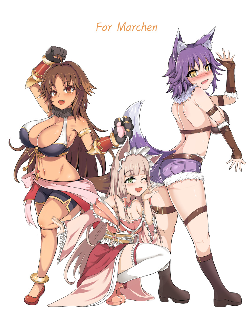 3girls @_@ absurdres ahoge animal_ears animal_hands anklet asanagi_(style) ass belt bikini bikini_top blonde_hair blush boots bracer breasts brown_eyes brown_hair cleavage commission dog_ears dog_girl dog_tail dress fang fingerless_gloves gloves green_eyes hairband highres jewelry kaori_(princess_connect!) kimwangjyang large_breasts leather leather_gloves long_hair maho_(princess_connect!) makoto_(princess_connect!) multiple_girls navel no_socks off-shoulder_dress off_shoulder open_mouth paw_gloves princess_connect! purple_hair short_hair short_shorts shorts sideboob smile squatting stomach swimsuit tail tan thigh_strap thighhighs very_long_hair white_legwear wolf_ears wolf_girl wolf_tail yellow_eyes
