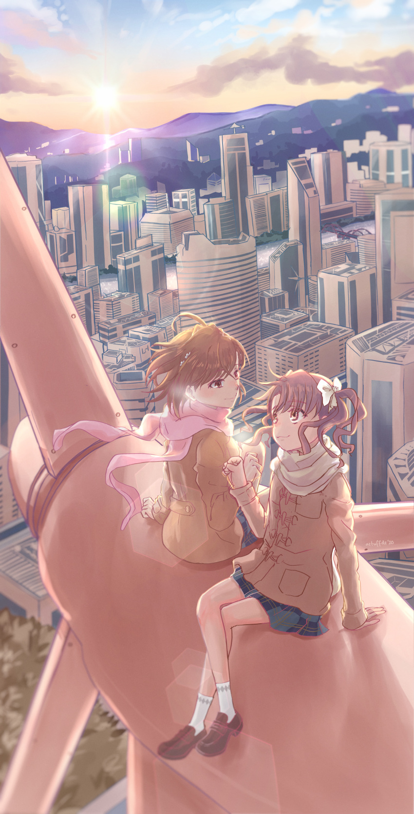 2girls absurdres astuffds beige_coat beige_jacket bow brown_eyes brown_hair building building_block coat commentary fist_bump full_body hair_ornament highres horizon landscape light_rays loafers looking_at_another misaka_mikoto mountainous_horizon multiple_girls outdoors plaid plaid_skirt pleated_skirt scarf scenery school_uniform shirai_kuroko shoes sitting skirt sky skyline skyscraper socks sunbeam sunlight sunset toaru_kagaku_no_railgun toaru_majutsu_no_index toaru_majutsu_no_index:_genesis_testament tokiwadai_school_uniform twintails white_bow white_legwear wind wind_turbine winter_clothes winter_coat winter_uniform