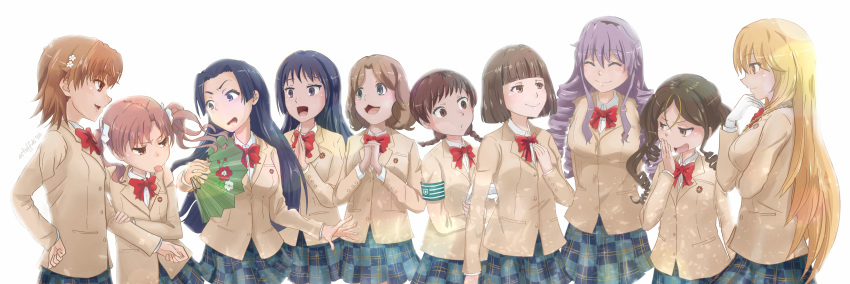 6+girls :3 :p absurdres arm_hug armband astuffds awatsuki_maaya beige_jacket black_hair blonde_hair bob_cut bow bowtie braid breasts brown_eyes brown_hair commentary drill_hair feet_out_of_frame folding_fan gloves hair_ornament hairpin hand_fan hands_together highres hokaze_junko kobayashi_satori kongou_mitsuko large_breasts long_hair makigami_komaki medium_breasts misaka_mikoto multiple_girls open_mouth plaid plaid_skirt pleated_skirt purple_hair red_neckwear sakibasu_yuri school_uniform shirai_kuroko shirt shokuhou_misaki short_hair skirt small_breasts smile toaru_kagaku_no_railgun toaru_majutsu_no_index tokiwadai_school_uniform tongue tongue_out twin_braids twintails very_long_hair wannai_kinuho white_background white_gloves white_shirt