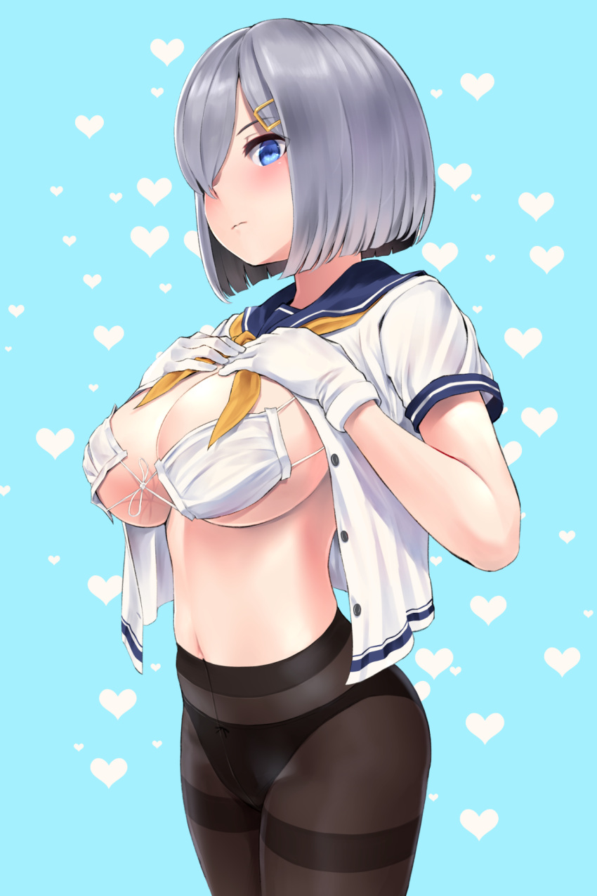 hamakaze_(kancolle) kantai_collection no_bra open_shirt pantsu pantyhose seifuku wa_(genryusui)