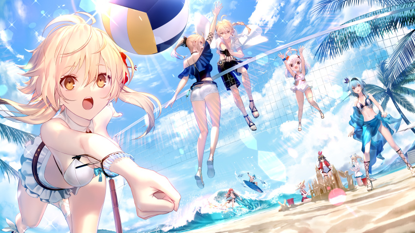 amber_(genshin_impact) barbara_pegg beach bikini blonde_hair eula_lawrence genshin_impact jean_gunnhildr long_hair lumine_(genshin_impact) paimon_(genshin_impact) shinooji short_hair sport swimsuit tagme_(character) volleyball