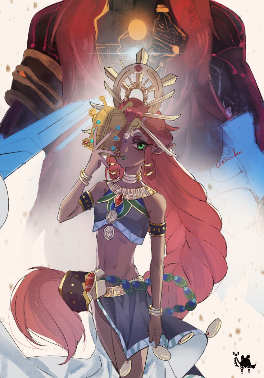 1girl armlet bracelet braid circlet crop_top english_commentary eyelashes flat_chest ganondorf gerudo green_eyes green_lips hair_tubes head_out_of_frame headdress highres holding holding_mask jewelry long_braid long_hair mask navel neck_ring one_eye_covered pointy_ears red_hair riju rizuka side_slit signature single_braid skirt solo_focus the_legend_of_zelda the_legend_of_zelda:_breath_of_the_wild thick_eyebrows very_long_hair watermark