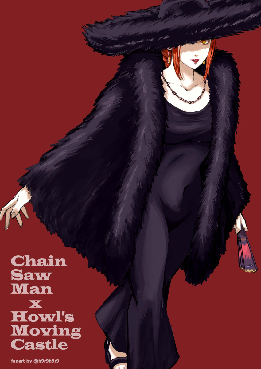 1girl absurdres black_coat black_dress black_footwear black_headwear braid braided_ponytail chainsaw_man closed_fan coat collarbone cosplay dress earrings folding_fan fur_(clothing) h9r9h9r9 hand_fan highres holding holding_fan howl_no_ugoku_shiro jewelry lipstick long_coat long_dress long_hair looking_at_viewer makeup makima_(chainsaw_man) necklace one_eye_covered red_background red_hair red_lips ringed_eyes shaded_face sidelocks solo walking witch_of_the_waste witch_of_the_waste_(cosplay) yellow_eyes