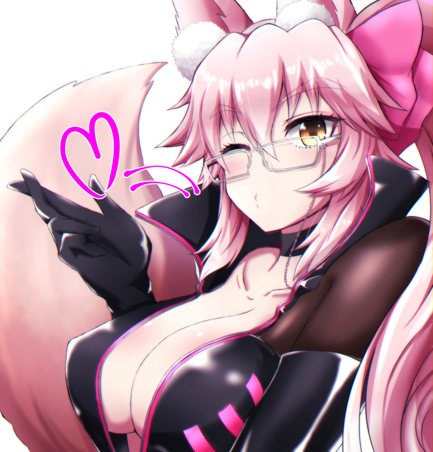 1girl animal_ear_fluff animal_ears bangs black_bodysuit blush bodysuit bow breasts center_opening choker cleavage fate/grand_order fate_(series) fox_ears fox_girl fox_tail glasses hair_between_eyes hair_bow heart koyanskaya_(fate) large_breasts long_hair looking_at_viewer one_eye_closed pink_bow pink_hair ponytail puckered_lips sidelocks solo sotomichi tail tamamo_(fate) yellow_eyes