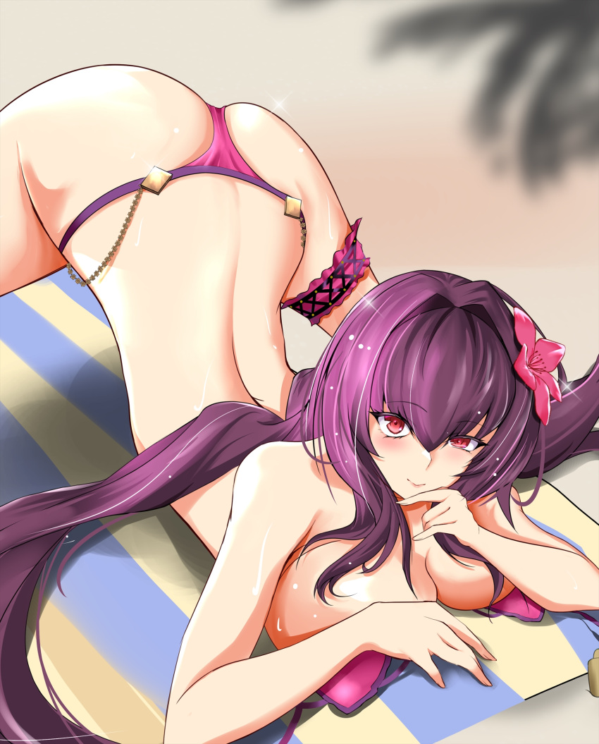 1girl arched_back ass beach beach_towel bikini bracelet breast_press breasts fate/grand_order fate_(series) flexible flower hair_flower hair_intakes hair_ornament hibiscus highres jack-o'_challenge jewelry large_breasts looking_at_viewer marishiten meme pink_bikini pose purple_bikini purple_hair red_eyes sand scathach_(fate)_(all) scathach_(swimsuit_assassin)_(fate) solo spread_legs swimsuit top-down_bottom-up towel wide_spread_legs