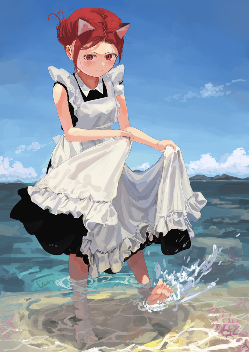 1girl animal_ears apron apron_lift beach blush cat_ears closed_mouth clothes_lift dress dress_lift feet hair_bun highres in_water kn_rookie legs looking_at_viewer maid mountain ocean original outdoors red_eyes red_hair sidelocks skirt skirt_lift sky sleeveless solo toes