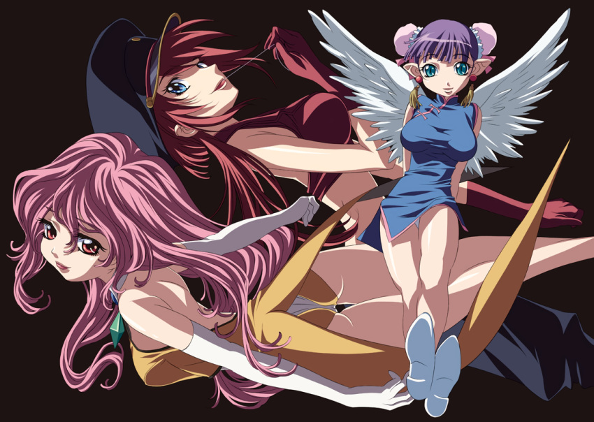 3girls aqua_eyes arms_behind_back ass bakuretsu_hunters bangs black_background blue_eyes bun_cover china_dress chinese_clothes chocolate_misu crossed_ankles daughter_(bakuretsu_hunters) double_bun dress earrings elbow_gloves eyebrows_visible_through_hair feathered_wings gloves gotou_keiji hat jewelry long_hair looking_at_viewer midriff multiple_girls official_art open_mouth panties pantyshot peaked_cap photoshop_(medium) pink_hair pointy_ears purple_hair red_eyes red_gloves red_hair short_dress short_hair simple_background sleeveless slit_pupils smile string tira_misu underwear white_footwear white_gloves white_wings wings