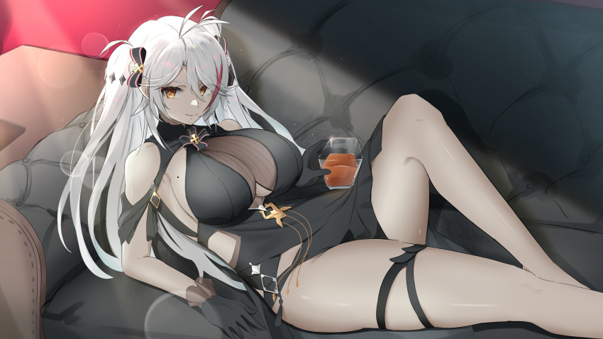 1girl absurdres ahoge alcohol alternate_costume azur_lane black_dress black_gloves breasts couch cup dress drink gloves hair_ribbon highres holding holding_cup holding_drink j_yak47 large_breasts leg_up long_hair looking_at_viewer lying mole mole_on_breast multicolored_hair official_alternate_costume on_couch prinz_eugen_(azur_lane) prinz_eugen_(cordial_cornflower)_(azur_lane) ribbon solo streaked_hair thigh_strap thighs twintails white_hair yellow_eyes