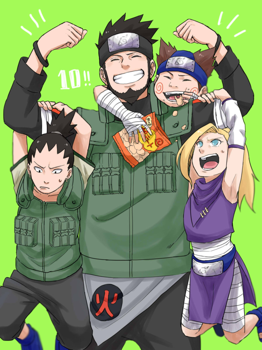 1girl 3boys :d akimichi_chouji armpits bandages bangs beard black_eyes black_hair blonde_hair brown_hair chinstrap_beard chips closed_eyes closed_mouth earrings facial_hair food forehead forehead_protector green_background grin highres holding holding_food jewelry long_hair long_sleeves multiple_boys nara_shikamaru naruto naruto_(series) open_mouth pinoko_(pnk623) ponytail sarutobi_asuma short_hair simple_background sleeveless smile stubble sweat teeth v-shaped_eyebrows vest white_sleeves yamanaka_ino