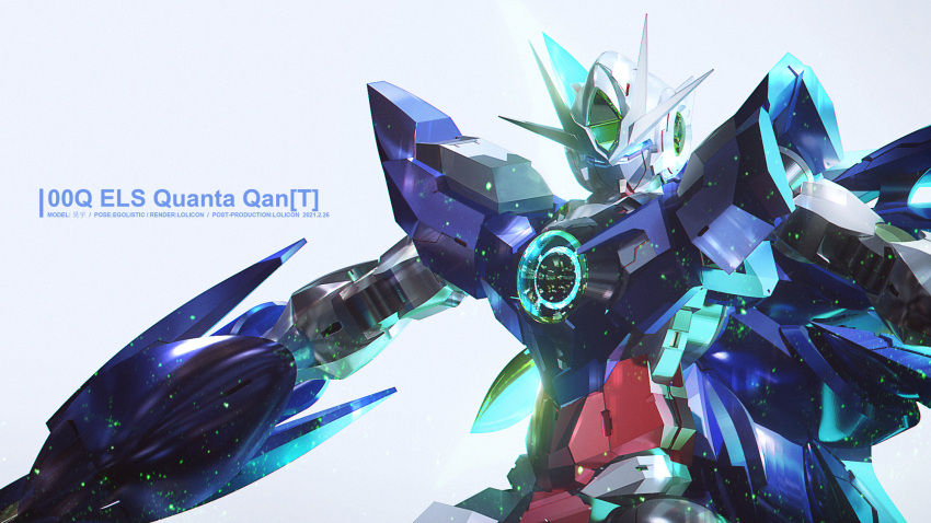 00_qan[t] 3d artist_name blue_eyes character_name commentary_request els english_text gundam gundam_00 gundam_00_a_wakening_of_the_trailblazer highres lolicon_(lolicon42051636) mecha mobile_suit no_humans science_fiction solo sword upper_body v-fin weapon wings