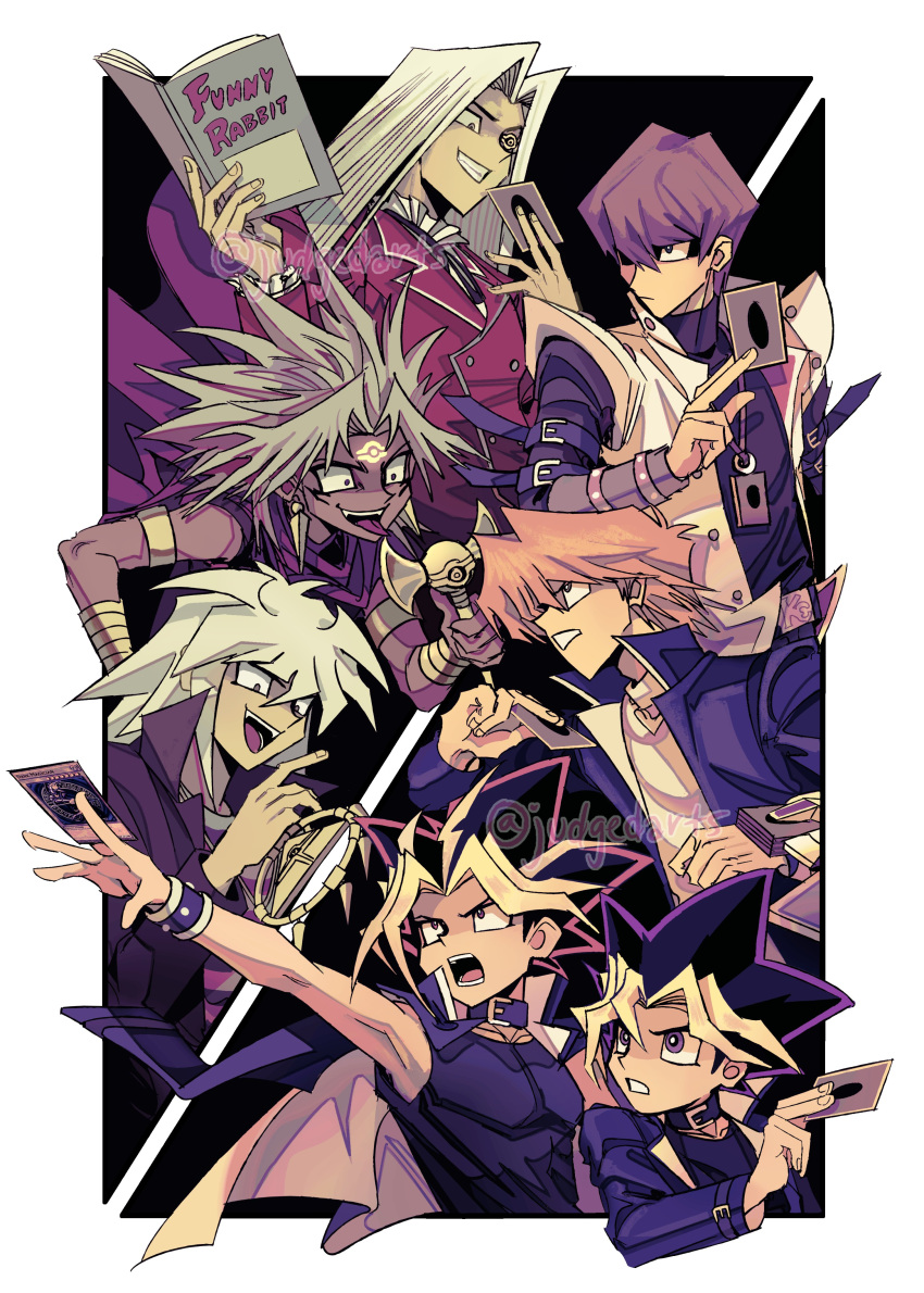 6+boys :d absurdres bangs blonde_hair book buttons card coat commentary dark-skinned_male dark_skin english_commentary facial_mark forehead_mark grey_hair hand_grab hand_up highres holding holding_book holding_card jacket jewelry jounouchi_katsuya judgedarts kaiba_seto long_hair long_sleeves millennium_eye millennium_ring millennium_rod multiple_boys mutou_yuugi necklace open_clothes open_coat open_mouth orange_hair outstretched_arm pegasus_j_crawford popped_collar purple_hair purple_jacket shirt sleeveless_coat smile spiked_hair teeth tongue tongue_out twitter_username upper_teeth watermark white_coat white_hair yami_bakura yami_marik yami_yuugi yu-gi-oh! yu-gi-oh!_duel_monsters