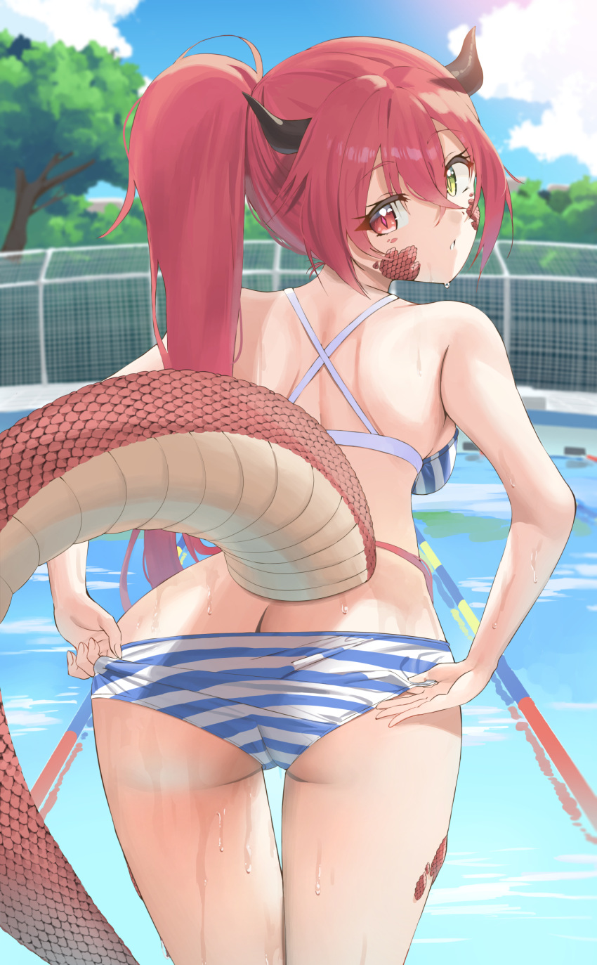 ass bikini electriccross heterochromia horns panty_pull swimsuits tail undressing wet