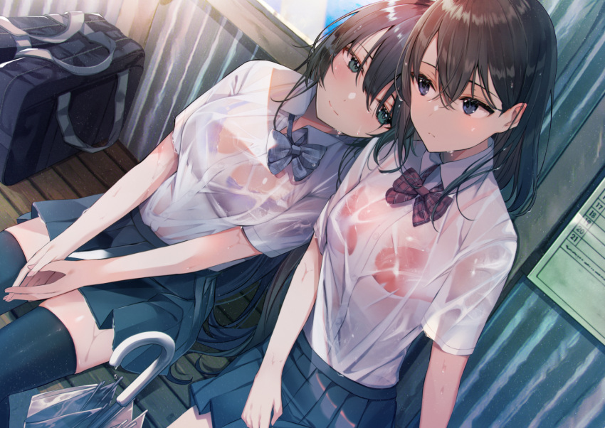 blue_eyes bow bra brown_hair green_eyes original school_uniform see_through skirt tetsubuta thighhighs umbrella underwear