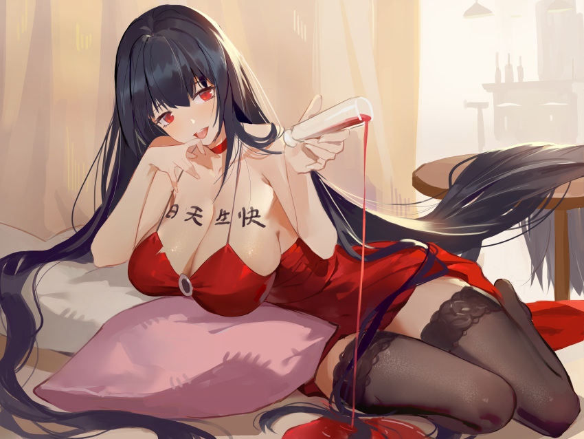 anthropomorphism azur_lane black_hair breasts choker cleavage cubies_(tiger_205) dress drink long_hair red_eyes taihou_(azur_lane) thighhighs