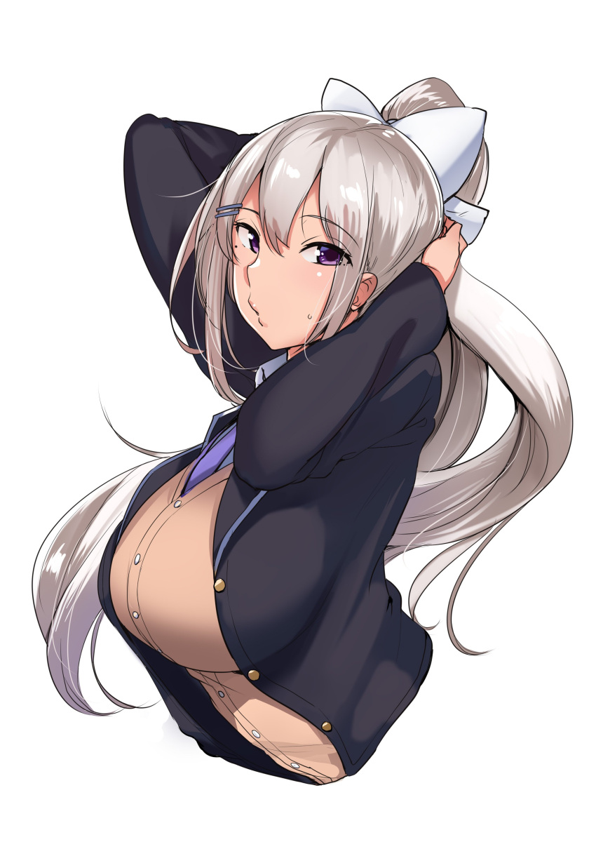 1girl absurdres black_jacket bow breasts breasts_day brown_vest closed_mouth floating_hair grey_hair hair_bow hands_up highres higuchi_kaede jacket large_breasts long_hair long_sleeves looking_at_viewer mole mole_under_eye necktie nijisanji o3o ponytail purple_eyes purple_neckwear simple_background solo sweater_vest upper_body very_long_hair vest wakamesan white_background white_bow
