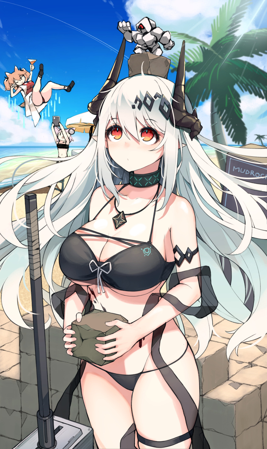 3girls angelina_(arknights) angelina_(summer_flowers)_(arknights) animal_ears arknights beach beach_umbrella bikini black_bikini black_collar blue_sky breasts brown_hair cellphone character_doll character_name cleavage cloud collar commentary cowboy_shot cup day demon_horns floating fox_ears groin hair_between_eyes hair_ornament hammer highres holding holding_cube holding_cup holding_phone horns infection_monitor_(arknights) jewelry large_breasts long_hair looking_up mudrock_(arknights) mudrock_(silent_night)_(arknights) mudrock_colossus_(arknights) multiple_girls necklace ocean one-piece_swimsuit one_eye_closed oripathy_lesion_(arknights) orirock_(arknights) outdoors palm_tree phone planted planted_umbrella purerin red_eyes red_swimsuit sand skindentation sky smartphone solo_focus sussurro_(arknights) sussurro_(summer_flowers)_(arknights) swimsuit taking_picture thigh_strap thighs tree umbrella underboob v_over_eye very_long_hair white_hair