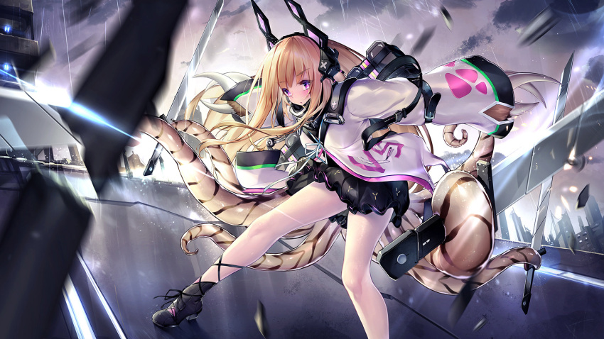 1girl animal_hands bangs bare_legs black_footwear black_skirt blonde_hair blush boots breasts claws commentary dk.senie dutch_angle eyebrows_visible_through_hair floating_hair foot_out_of_frame high_heel_boots high_heels highres holding holding_sword holding_weapon jacket leaning_forward long_hair long_sleeves looking_at_viewer medium_breasts miniskirt monster_girl original parted_lips purple_eyes skirt solo sword symbol-only_commentary tentacles very_long_hair weapon white_jacket