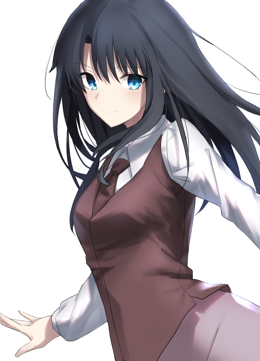 1girl absurdres bangs black_hair blue_eyes blush brown_neckwear brown_vest closed_mouth collared_shirt eyebrows_visible_through_hair floating_hair grey_skirt hair_between_eyes highres kara_no_kyoukai kokutou_azaka long_hair long_sleeves looking_at_viewer okakasushi school_uniform shirt simple_background skirt smile solo straight_hair vest white_background white_shirt wing_collar