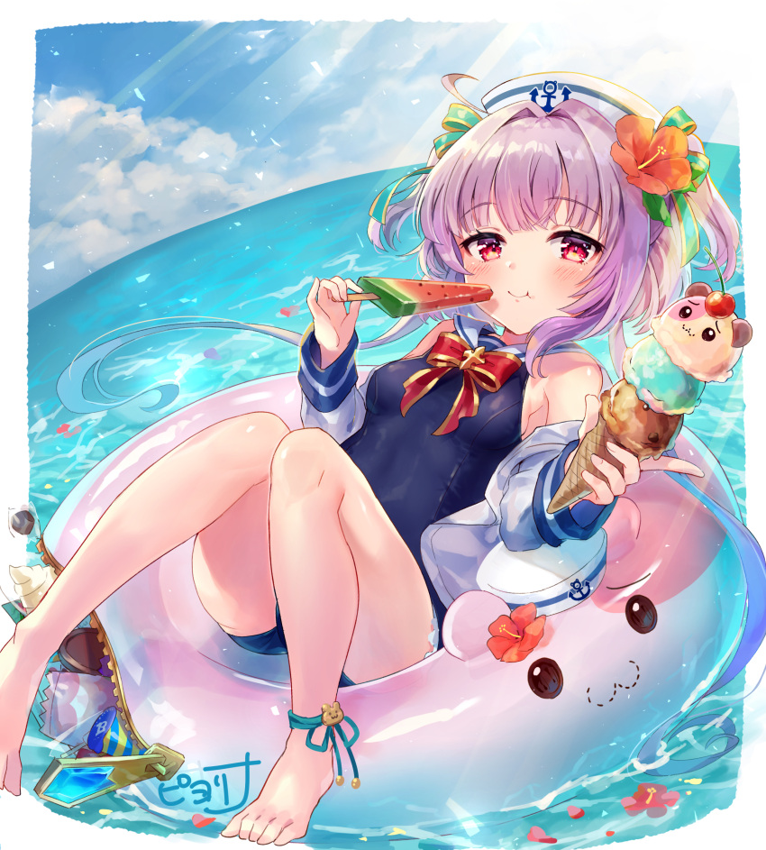 1girl :t absurdres anchor_symbol ankle_strap barefoot blue_swimsuit blush chewing closed_mouth flower food gemini_seed hair_flower hair_ornament hat highres ice_cream ice_cream_cone innertube light_rays looking_at_viewer ocean one-piece_swimsuit piyoyanagi popsicle purple_hair red_eyes sailor_hat school_swimsuit short_hair solo summer sunbeam sunlight swimsuit triple_scoop two_side_up watermelon_bar